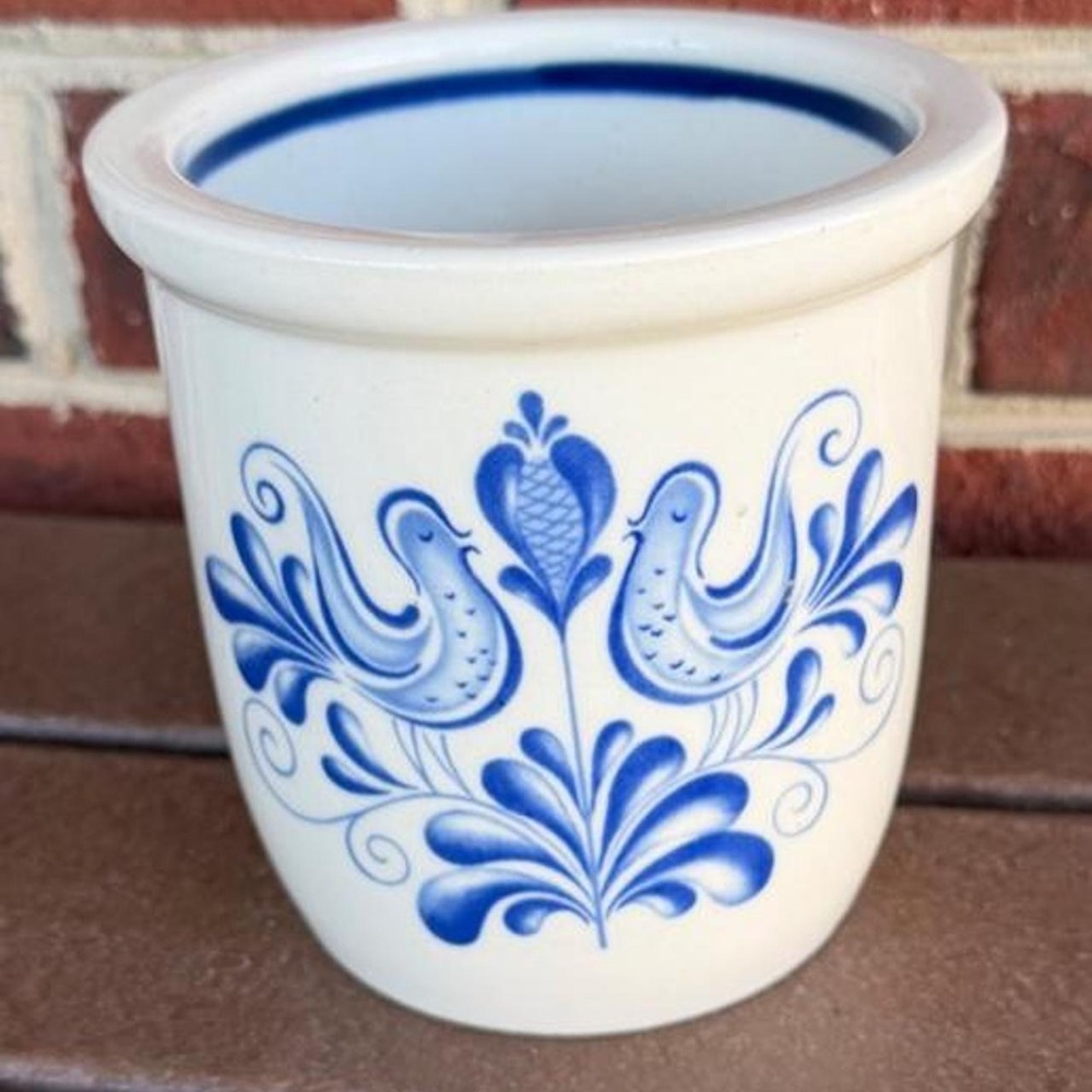 Vintage East Germany DDR Stoneware Crock Blue Bird Folk Art Utensil Holder 5"